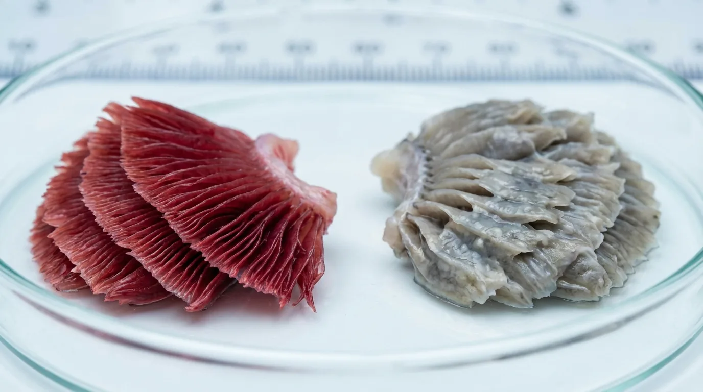 Comparativo entre guelras frescas (vermelhas) e deterioradas (pálidas): um indicador crucial da qualidade do peixe.
