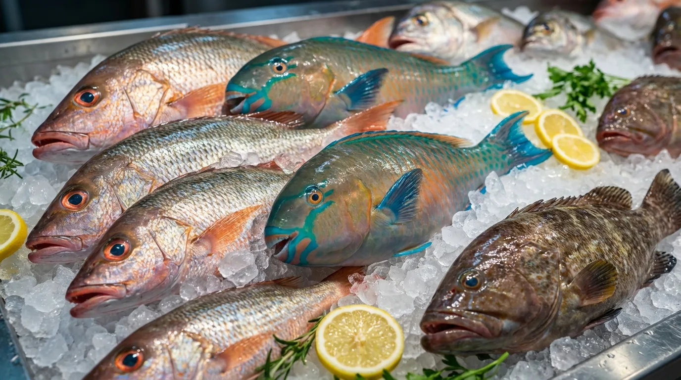Peixes tropicais frescos em um mercado de peixes: olhos brilhantes, guelras vermelhas e escamas com brilho metálico são sinais de qualidade.