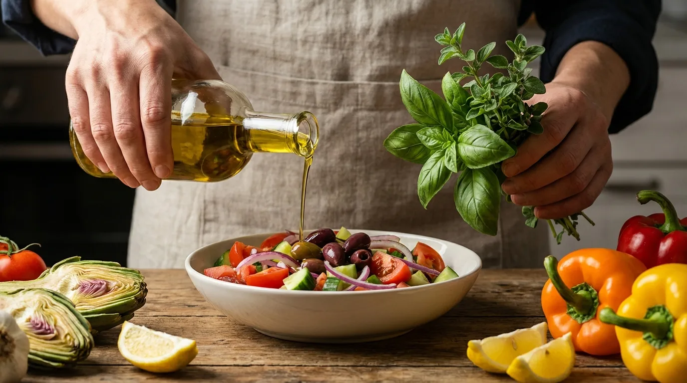 Preparando uma refeição mediterrânea relaxante: um ritual de autocuidado para nutrir o corpo e a mente.